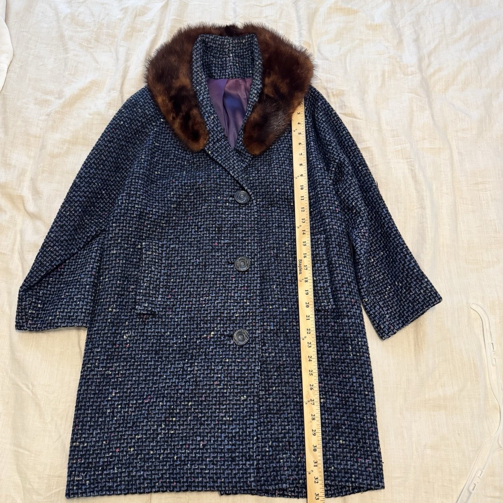 VTG 60's Britainaire Women's Blue Woven Wool Coat Mink‎ Collar Union Made Large - Picture 2 of 6